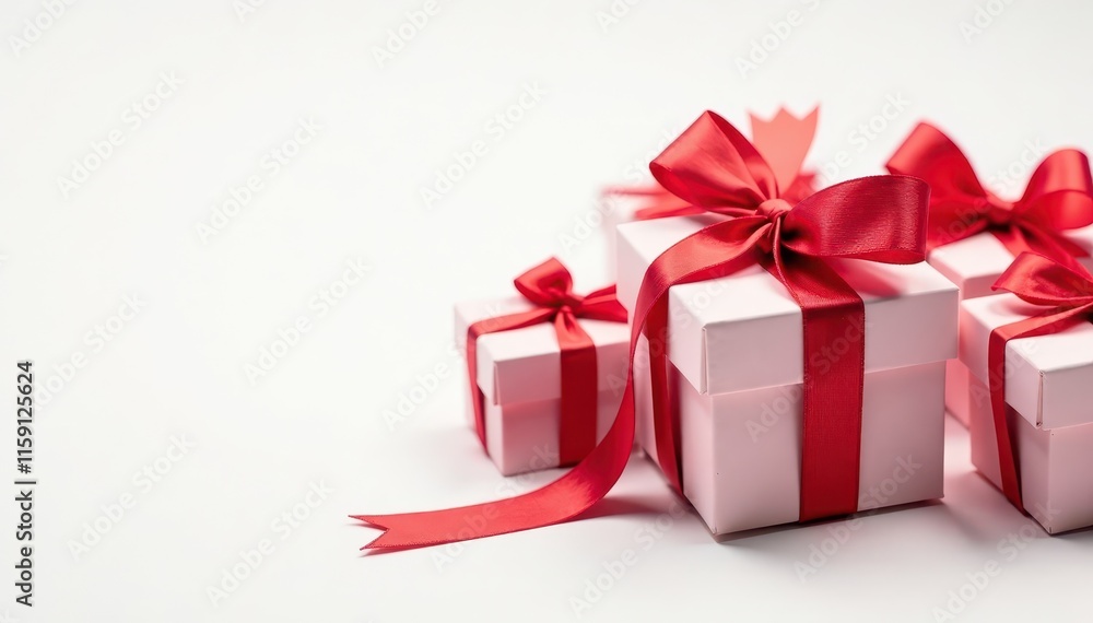 Red ribbons adorning multiple gifts, white backdrop, texture, happy Red ribbons adorning multiple gifts, white backdrop, texture, happy