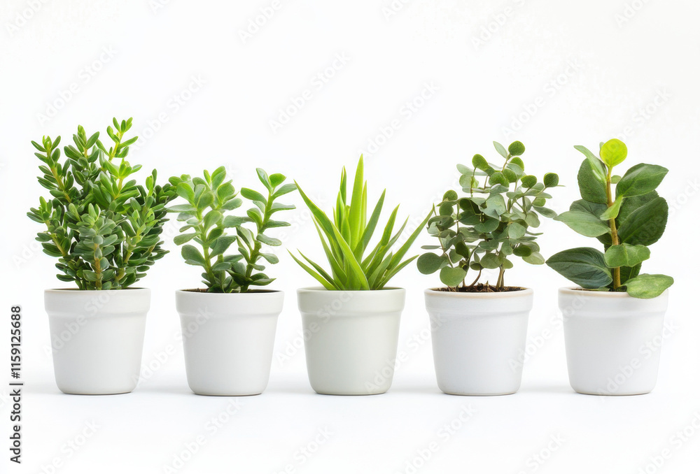 Various indoor plants in white pots arranged in a line on a clean background Various indoor plants in white pots arranged in a line on a clean background