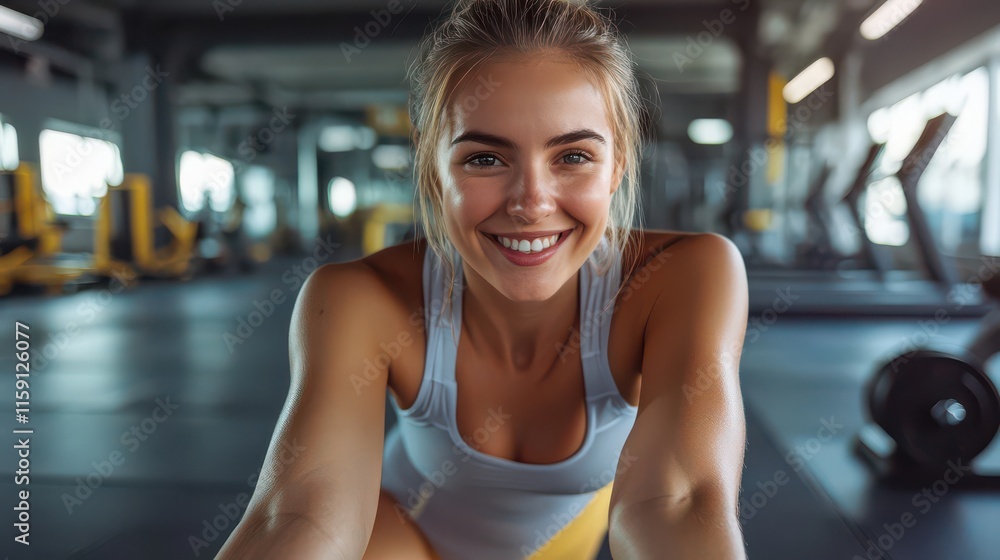 Fototapeta premium Energetic Young Woman Smiling in Gym Workout Environment