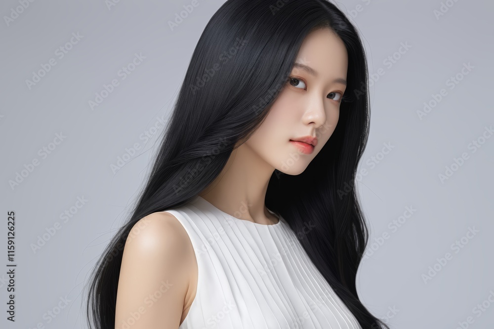 Fototapeta premium araffe woman with long black hair wearing a white dress