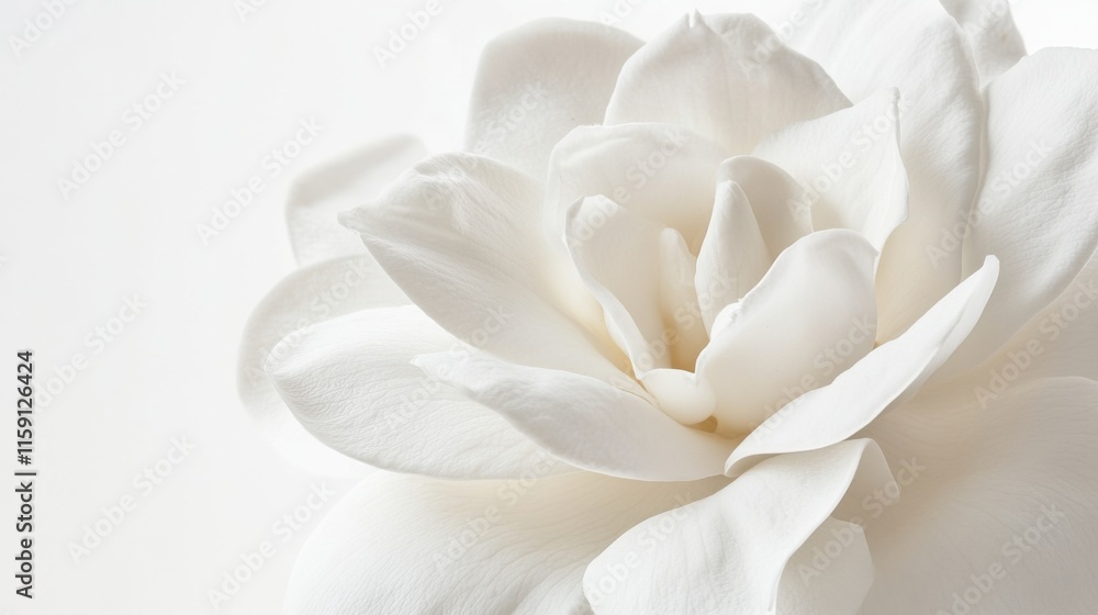 A detailed view of a blooming white gardenia with its lush, layered petals, isolated white background A detailed view of a blooming white gardenia with its lush, layered petals, isolated white background