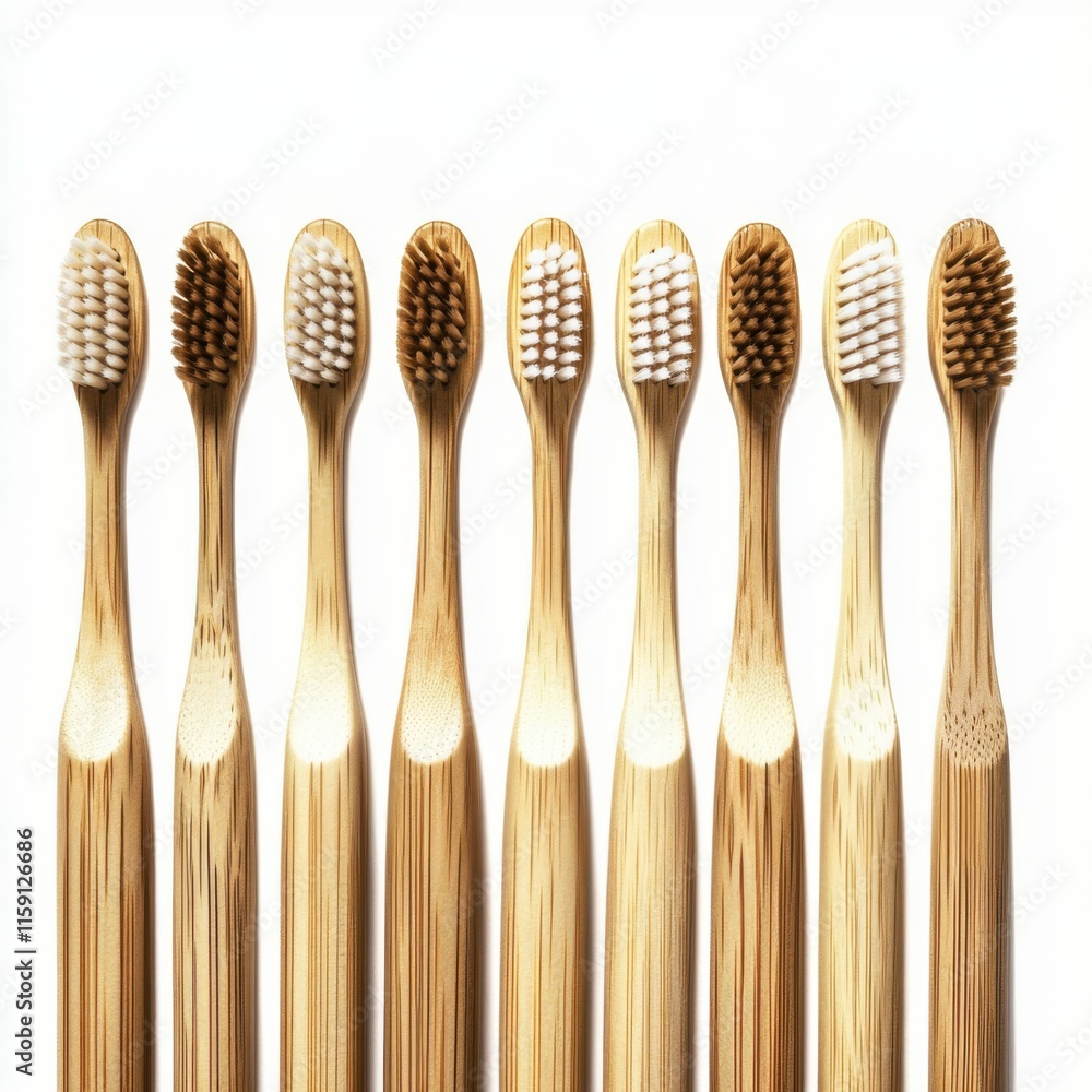 Collection of eco-friendly bamboo toothbrushes lined up for sustainable dental care Collection of eco-friendly bamboo toothbrushes lined up for sustainable dental care