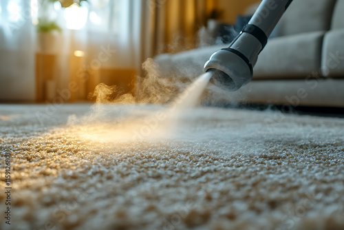 Wallpaper Mural a steam cleaner nozzle deep-cleaning a beige carpet, releasing visible steam, symbolizing effective allergen removal and freshness Torontodigital.ca