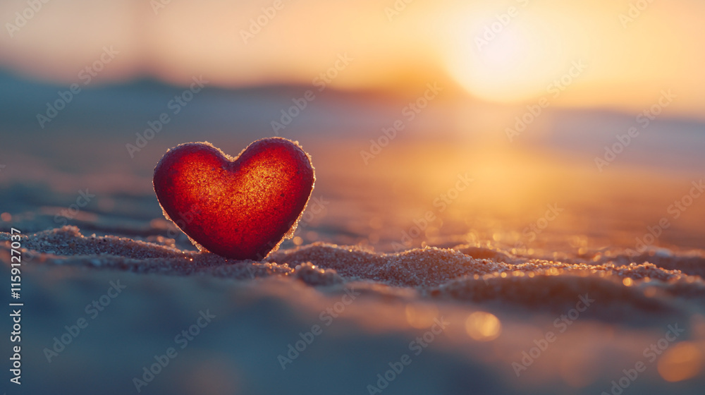 Fototapeta premium Romantic heart shape on sandy beach during sunset for Valentine's Day celebration. 