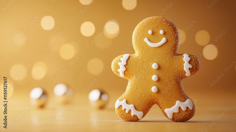 Festive Gingerbread Cookie with Icing on Golden Background with Bokeh Lights for Holiday and Christmas Celebrations Festive Gingerbread Cookie with Icing on Golden Background with Bokeh Lights for Holiday and Christmas Celebrations