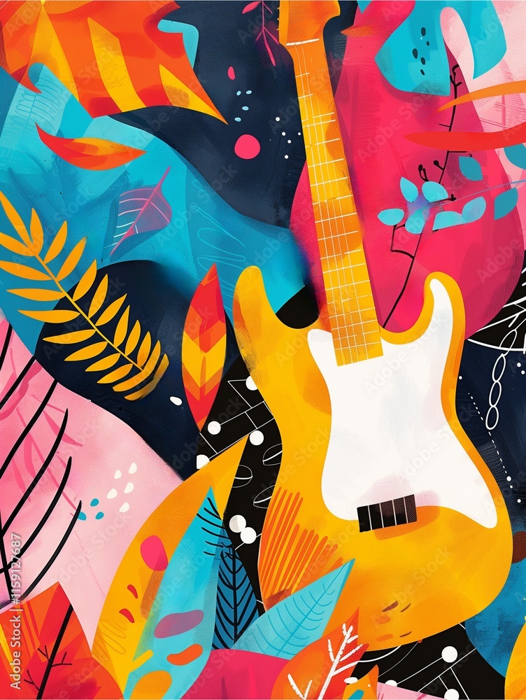 Obraz premium Colorful guitar illustration with a fun woman design and vibrant graffiti pattern