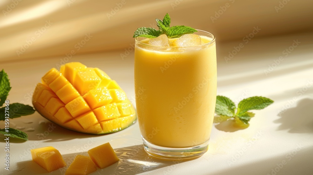 Refreshing mango smoothie in glass with ice and mint. Refreshing mango smoothie in glass with ice and mint.