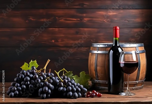 Red Wine Bottle Grapes and Wooden Barrel on Table photo