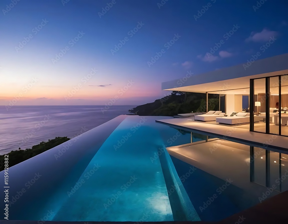 Fototapeta premium Modern Cliffside Villa with Infinity Pool and Ocean View