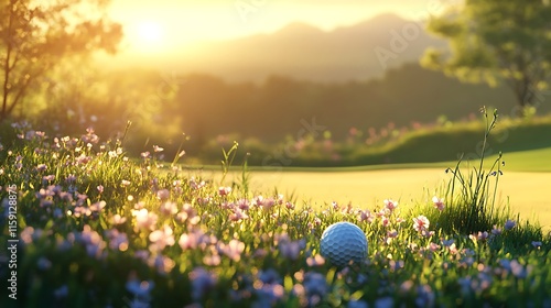 Golf Ball Resting In Sunset Meadow Flowers