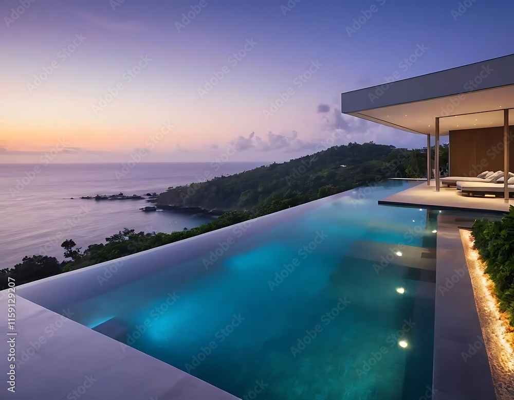 Fototapeta premium Modern Infinity Pool Overlooking Ocean Sunset