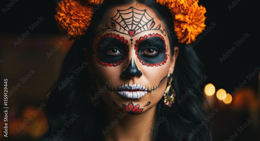 Young hispanic woman with day of the dead face paint and marigold flowers Young hispanic woman with day of the dead face paint and marigold flowers