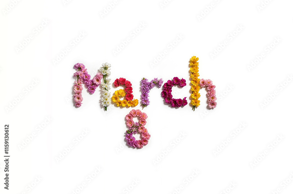 March 8 inscription made of flowers isolated on white background. Women's day. Women. Flowers March 8 inscription made of flowers isolated on white background. Women's day. Women. Flowers