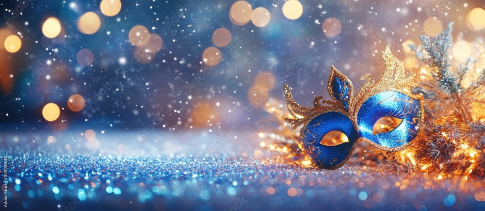 Naklejka premium Sparkling Blue Mask Surrounded by Glittering Lights and Soft Snowflakes, Perfect for Festive Celebrations or Holiday Themes