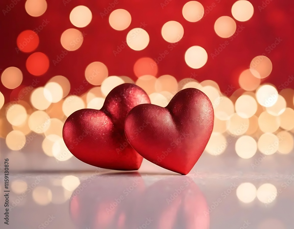 Two Red Hearts Resting on a Reflective Surface Two Red Hearts Resting on a Reflective Surface