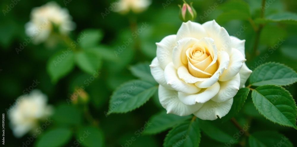 Full bloom white rose bush, lush green leaves, vibrant, rosebush Full bloom white rose bush, lush green leaves, vibrant, rosebush