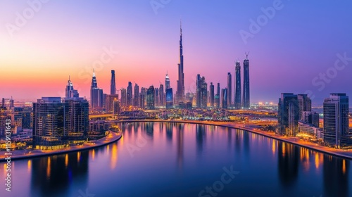Fototapeta Naklejka Na Ścianę i Meble -  A dynamic composition of a city skyline at dusk with illuminated skyscrapers reflecting in a river, aerial shot, Urban style
