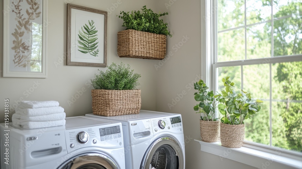 Laundry Room with Modern Top-Load Washing Machine, Minimal and Functional Design Laundry Room with Modern Top-Load Washing Machine, Minimal and Functional Design