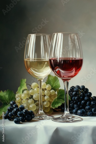 Close up shot of two wine glasses, a white and a red one, and some grapes on a table in a simple setting.
