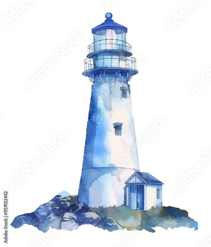 Watercolor vector illustration of blue lighthouse