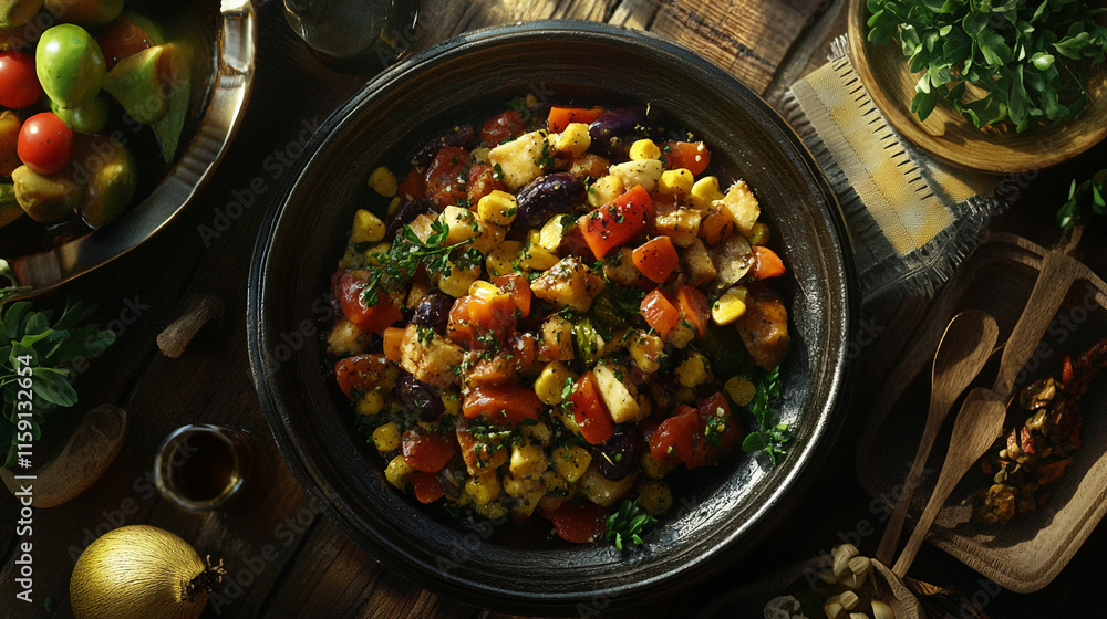 Colorful vegetable medley served in a rustic bowl on a wooden table. Colorful vegetable medley served in a rustic bowl on a wooden table.