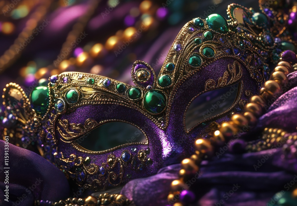 Fototapeta premium Stunning Purple Mask with Intricate Gold Design and Colorful Beads, Perfect for Festive Celebrations and Cultural Events, Detailed Close-up Photography