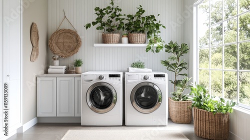 Laundry Room with Modern Top-Load Washing Machine, Minimal and Functional Design