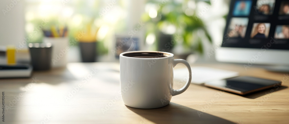 A cozy workspace featuring a white coffee mug on a wooden desk, surrounded by greenery and a computer displaying photographs. A cozy workspace featuring a white coffee mug on a wooden desk, surrounded by greenery and a computer displaying photographs.
