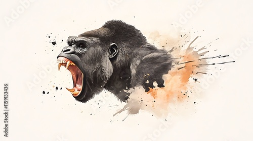 Powerful Gorilla Watercolor Illustration: A Roaring Portrait AI Generated photo