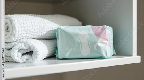 Women's sanitary napkin packaging on shelf with towels in soft light
