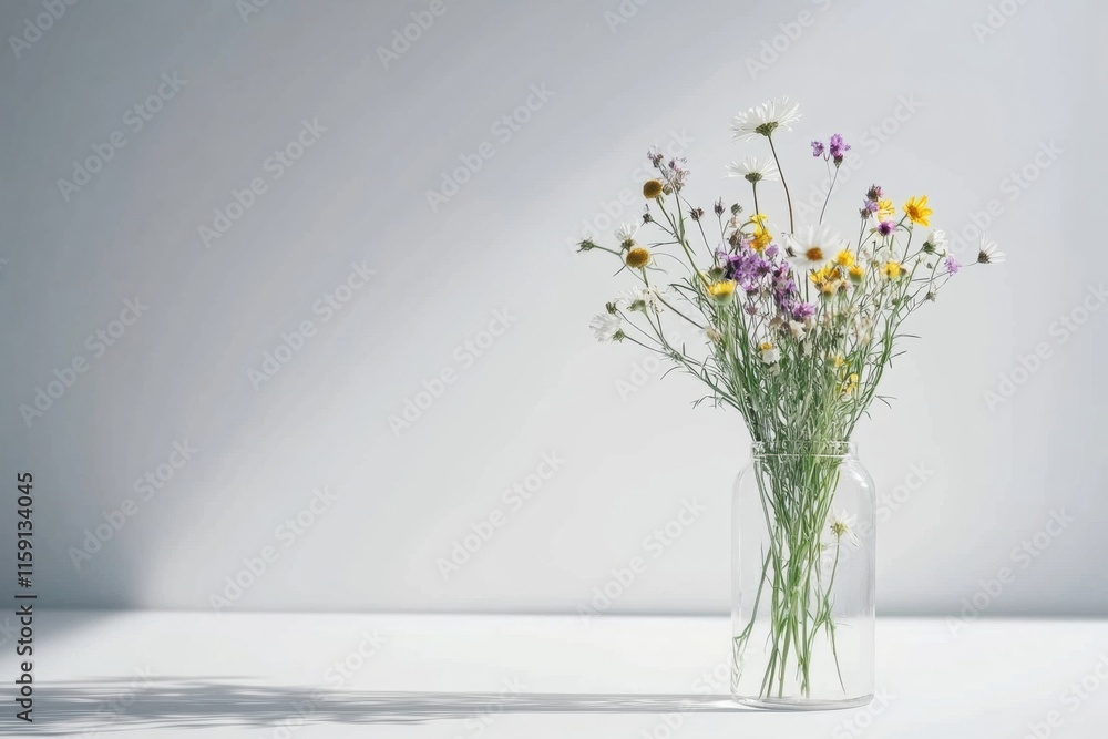 Minimalist still life showcasing wildflowers in a clear glass vase on a serene white background with copy space for text. Generative AI Minimalist still life showcasing wildflowers in a clear glass vase on a serene white background with copy space for text. Generative AI