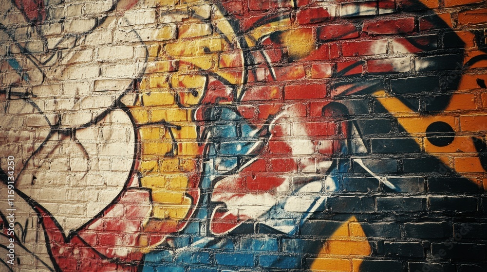 Obraz premium A dynamic display of colorful graffiti art on an urban brick wall, angled shot, Urban style