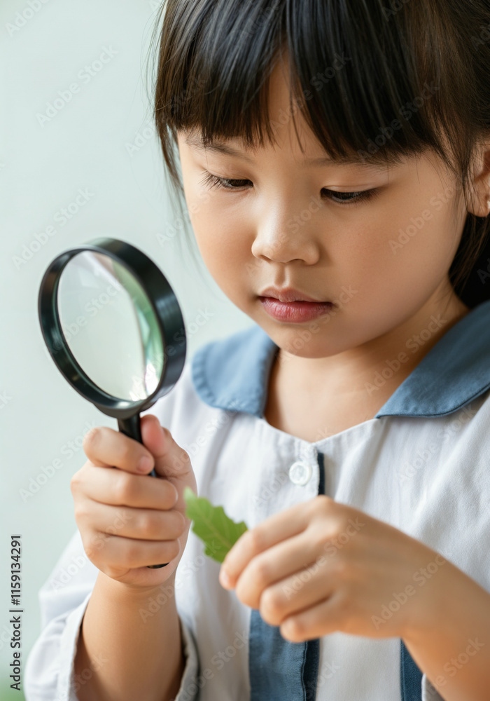 Young girl exploring nature, examining a leaf with a magnifying glass, fostering scientific curiosity and early stem learning Young girl exploring nature, examining a leaf with a magnifying glass, fostering scientific curiosity and early stem learning