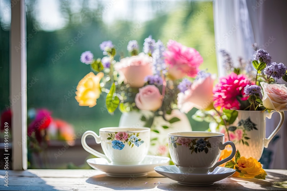 A serene and peaceful tea setting adorned with roses, ideal for enjoying a relaxing afternoon moment. A serene and peaceful tea setting adorned with roses, ideal for enjoying a relaxing afternoon moment.