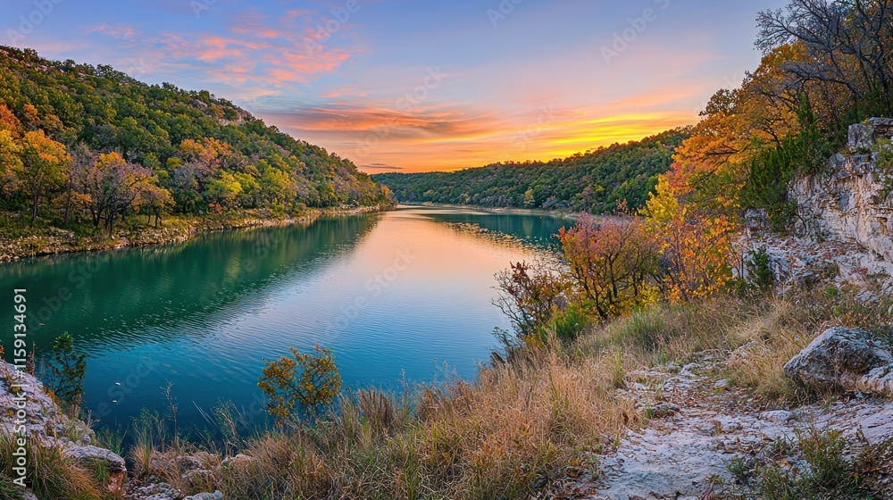 Serene autumn sunset over a calm river valley. Serene autumn sunset over a calm river valley.