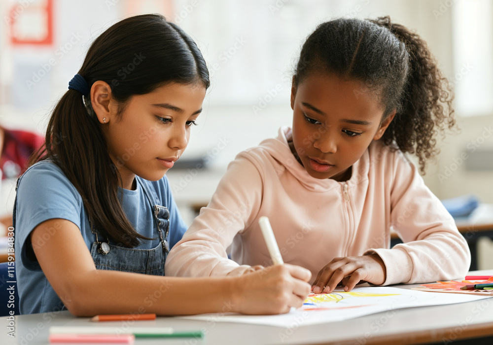 Two young girls are collaborating on a drawing project, using colorful markers at their school desk Two young girls are collaborating on a drawing project, using colorful markers at their school desk