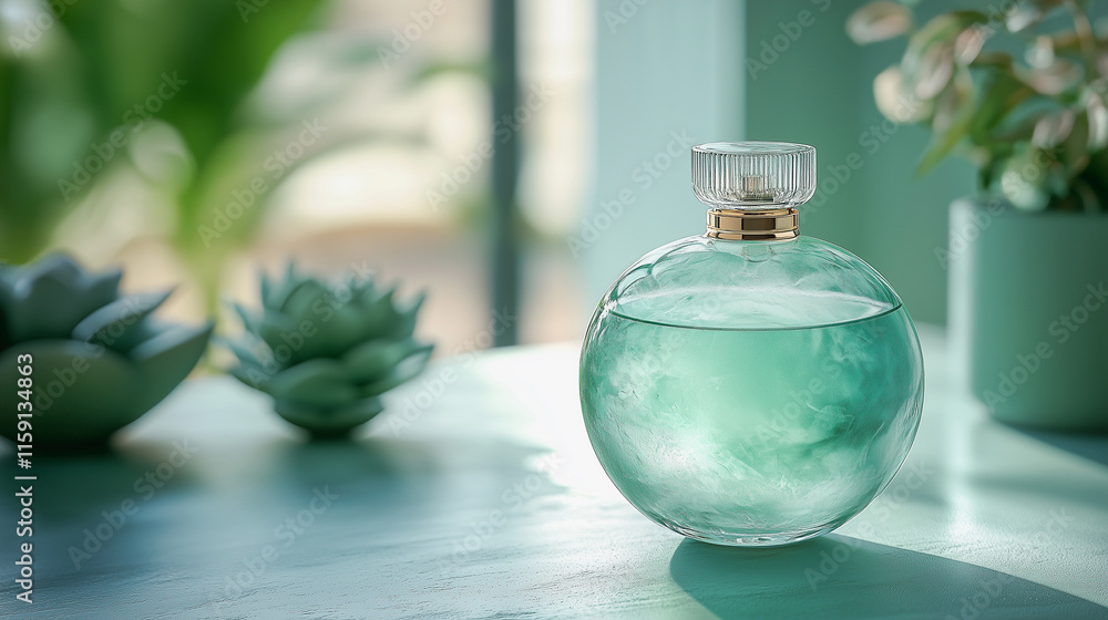 Luxurious perfume bottle on a blue-green table surrounded by plants and natural light Luxurious perfume bottle on a blue-green table surrounded by plants and natural light