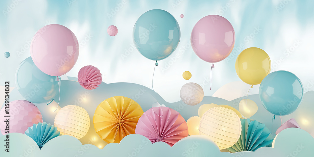 Pastel Balloons Paper Fans Lanterns Festive Background Pastel Balloons Paper Fans Lanterns Festive Background