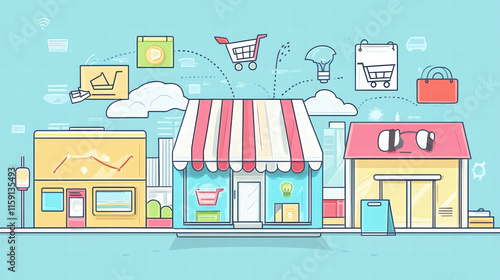 colorful illustration of digital marketing campaign featuring various shops, shopping carts, and digital icons representing online commerce. This vibrant design captures essence of modern retail