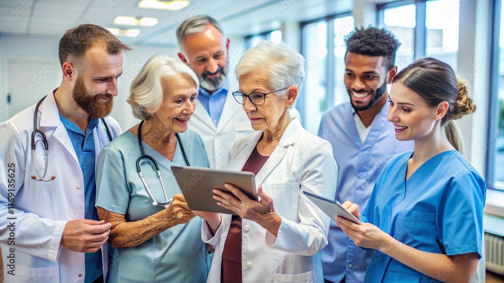 Fototapeta premium doctor senior elderly woman man hospital team medical tablet health medicine healthcare meeting teamwork professional clinic office nurse 