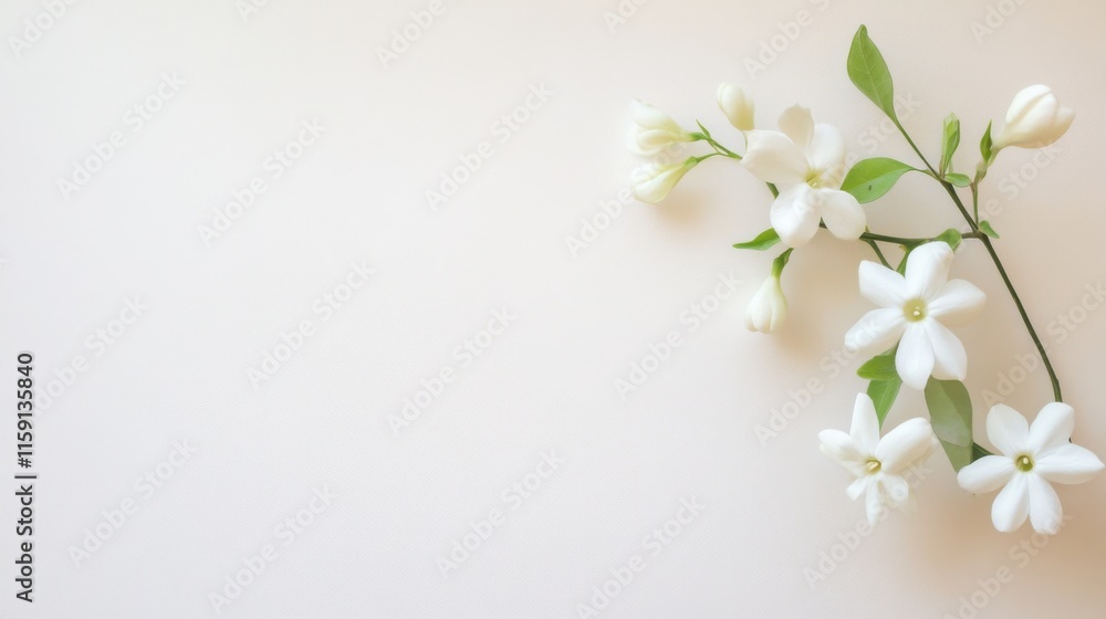 A graceful white jasmine against a soft ivory background, close-up shot, Minimalist style A graceful white jasmine against a soft ivory background, close-up shot, Minimalist style