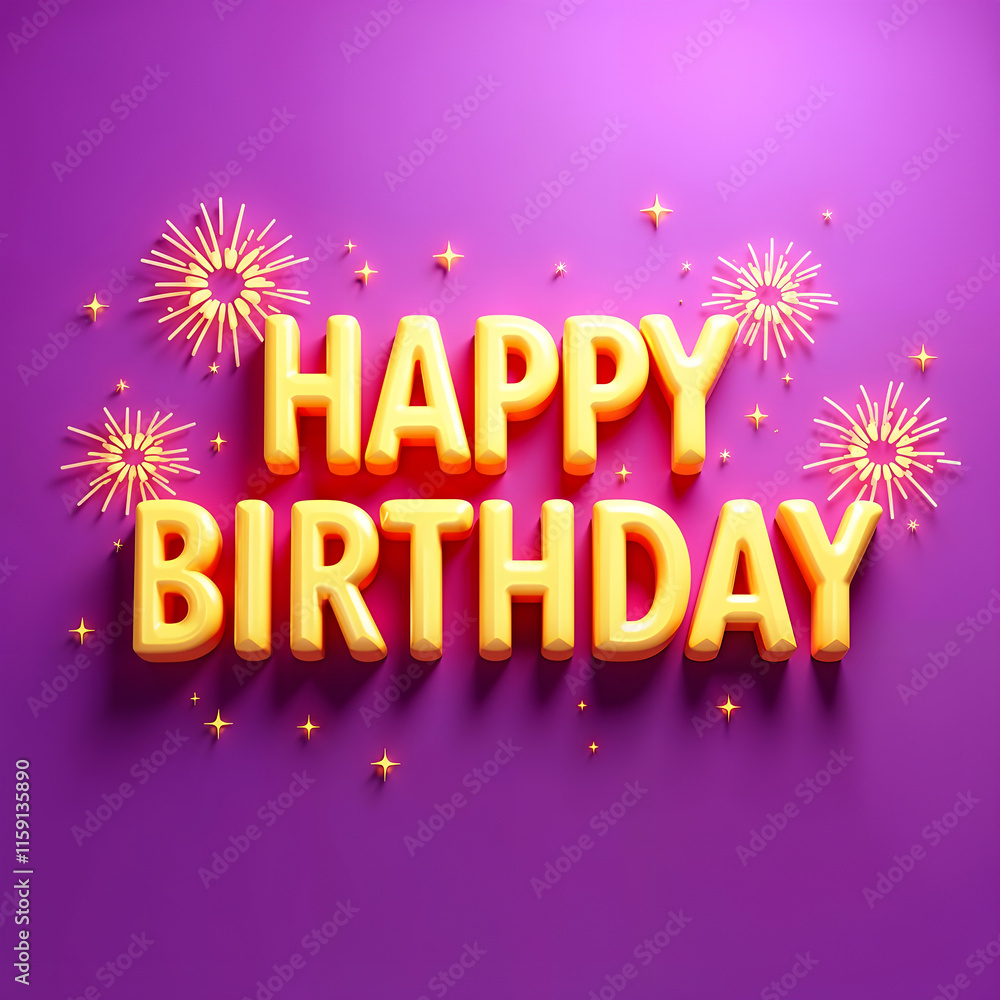A vibrant 3D rendering of Happy Birthday message with celebratory fireworks and sparkles on a purple background A vibrant 3D rendering of Happy Birthday message with celebratory fireworks and sparkles on a purple background