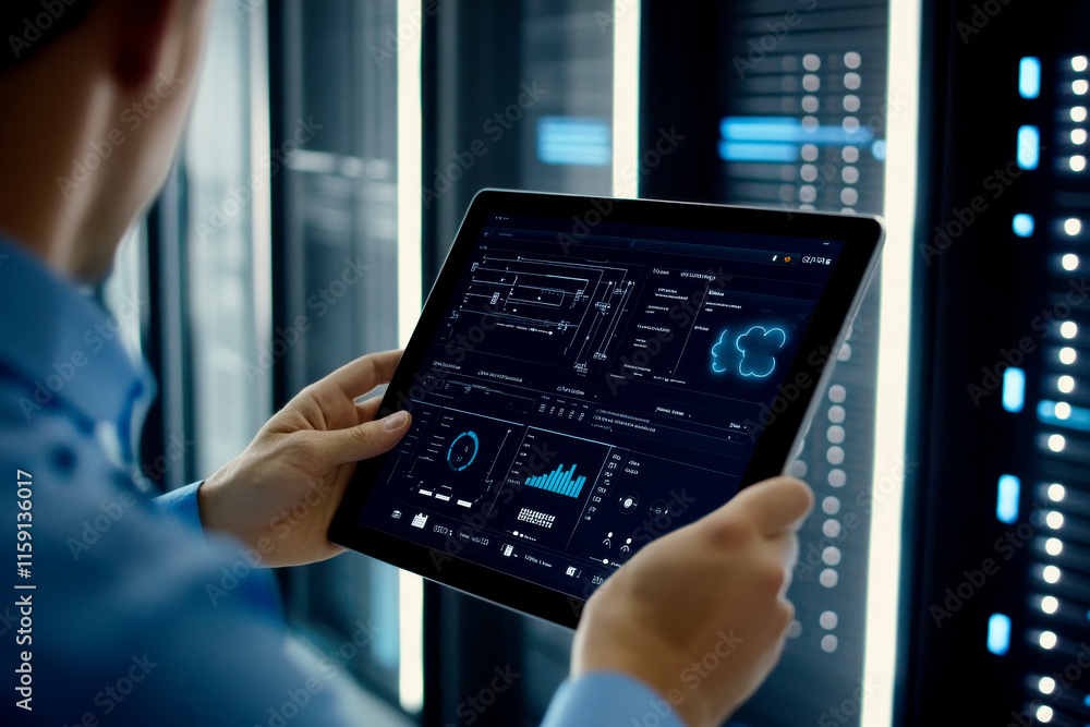 A person monitors data analytics on a tablet while standing in front of server racks, highlighting technology and information management. A person monitors data analytics on a tablet while standing in front of server racks, highlighting technology and information management.
