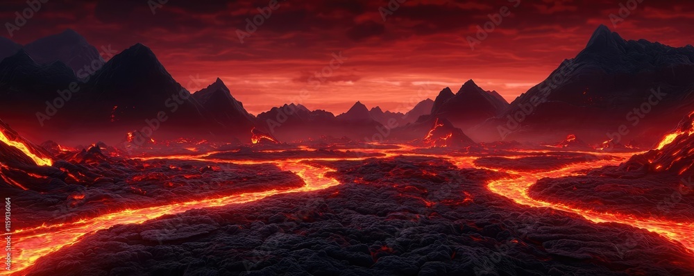 Fototapeta premium Fantasy world concept. A dramatic landscape featuring flowing lava and a fiery sky at sunset.