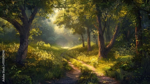 Serene Forest Pathway with Sunlit Trees for Peaceful Nature Contemplation and Design Inspiration