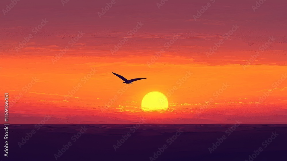 Solitary Bird Soaring Across a Majestic Sunset Horizon for Tranquil Wall Art Solitary Bird Soaring Across a Majestic Sunset Horizon for Tranquil Wall Art