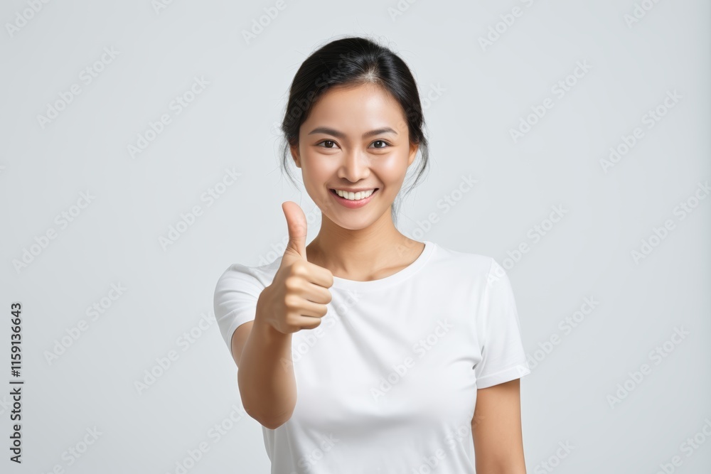 smiling woman in white shirt showing thumbs up with both hands smiling woman in white shirt showing thumbs up with both hands