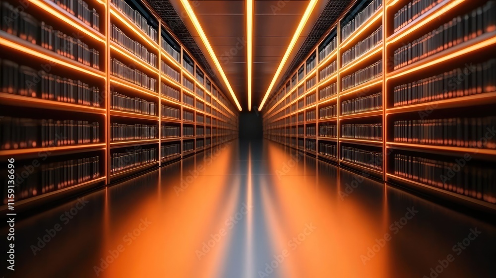 Fototapeta premium Futuristic library idea. A modern library interior with illuminated shelves and sleek lines creating a tranquil space.