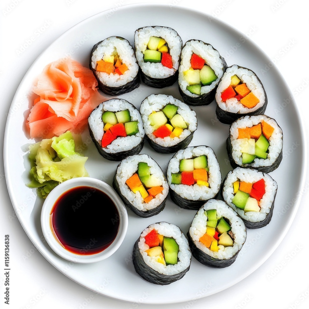Delicious vegetarian sushi rolls arranged on a plate with wasabi, ginger, and soy sauce. Delicious vegetarian sushi rolls arranged on a plate with wasabi, ginger, and soy sauce.