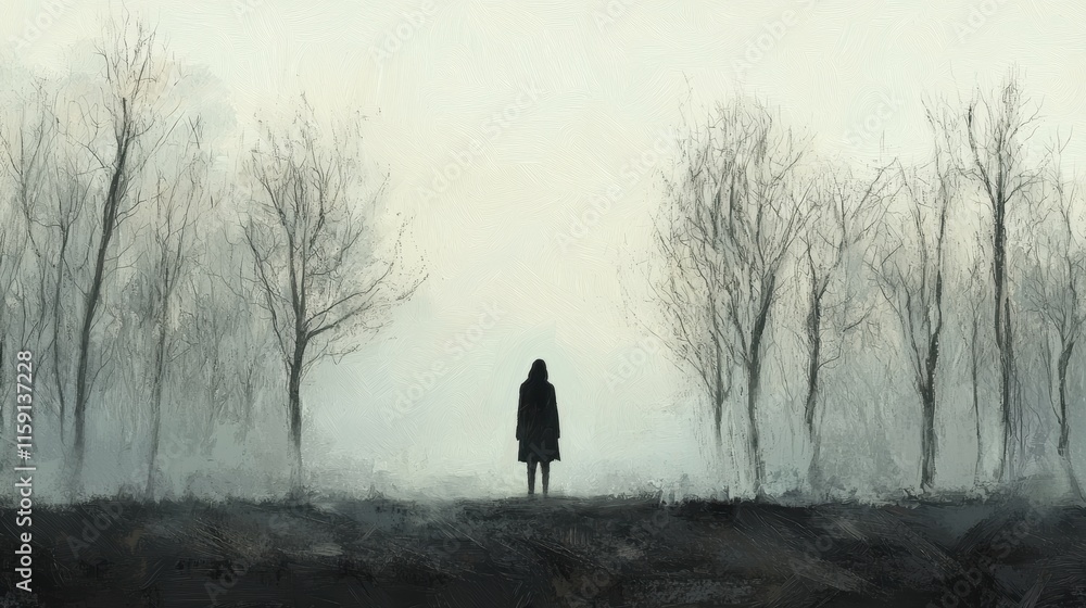Solitary Figure Amidst Foggy Landscape and Leafless Trees Conveys Isolation and Serenity Solitary Figure Amidst Foggy Landscape and Leafless Trees Conveys Isolation and Serenity